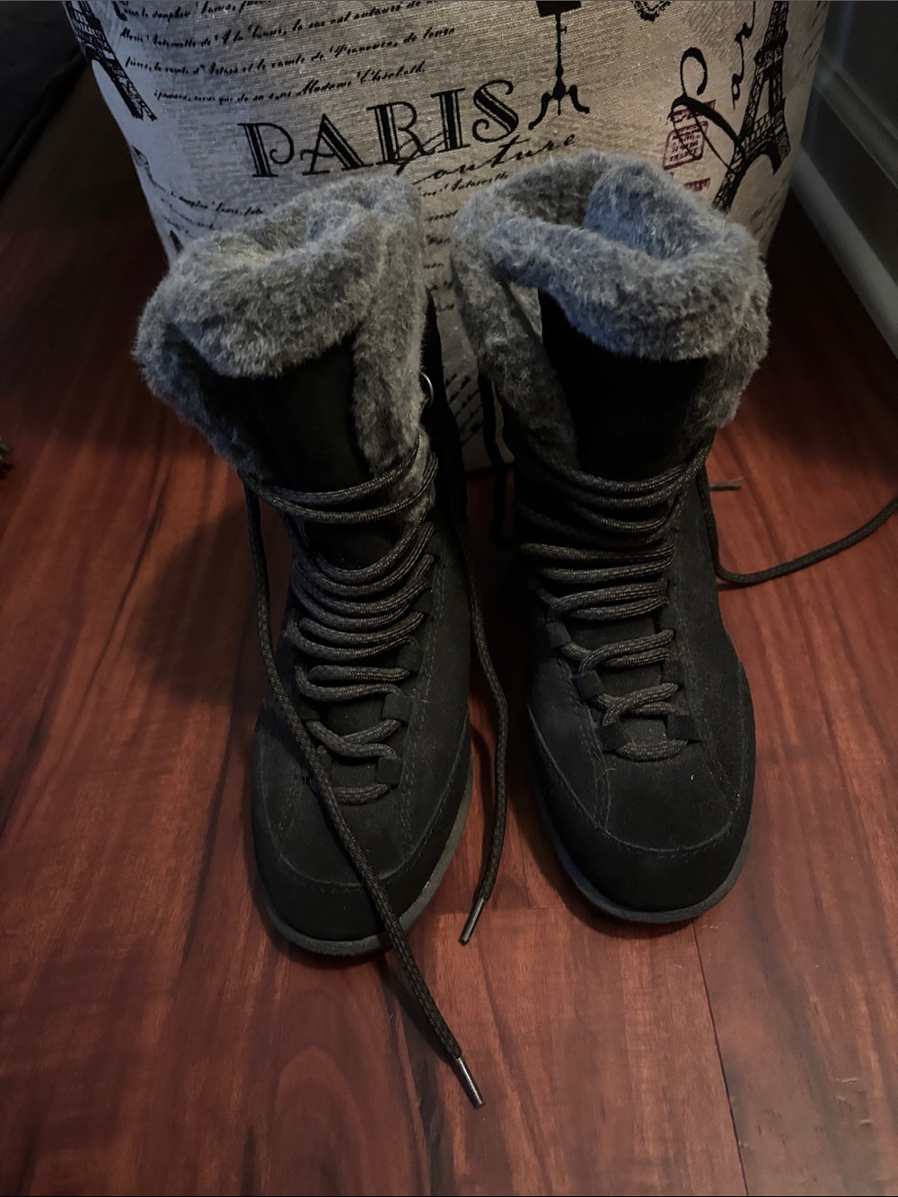 Nine West Black Winter Lace-Up Boots with Gray Faux-Fur Cuff